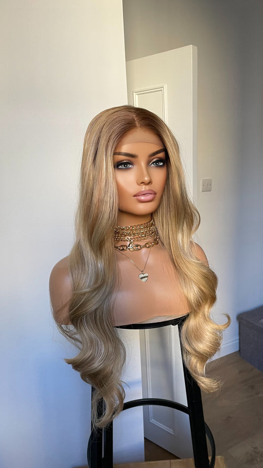 Mixed Warm Honey Blonde Lace Front Wig/ Darker Roots/Heat Safe Synthetic Wig/13x3 Lace Front Wavy Hair Wig For Women