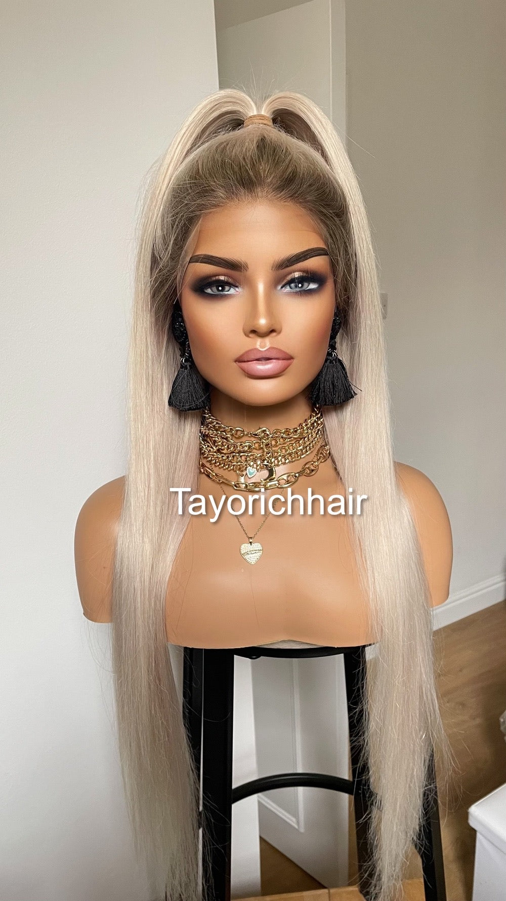 Alexis•Rooted Platinum Blonde Human Hair Wig•24 Inches Straight Hair With Dark Roots•HD Lace•200 Density Human Hair Wig By Tayorichhair