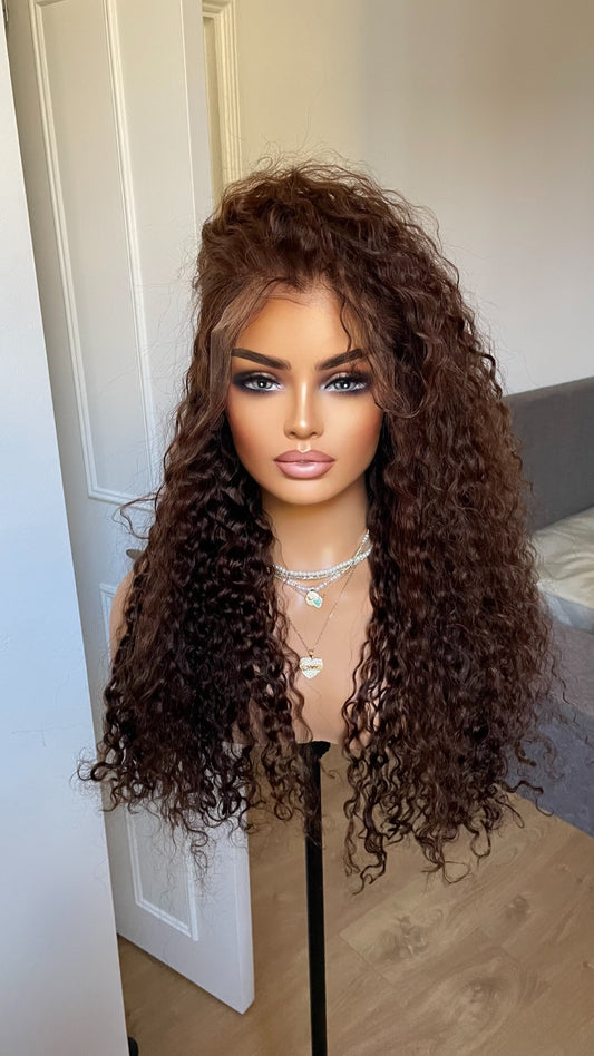 Brunette Brown Human Hair Wig/ Brown Curly Real Hair Wig For Women/ 100 % Human Hair.