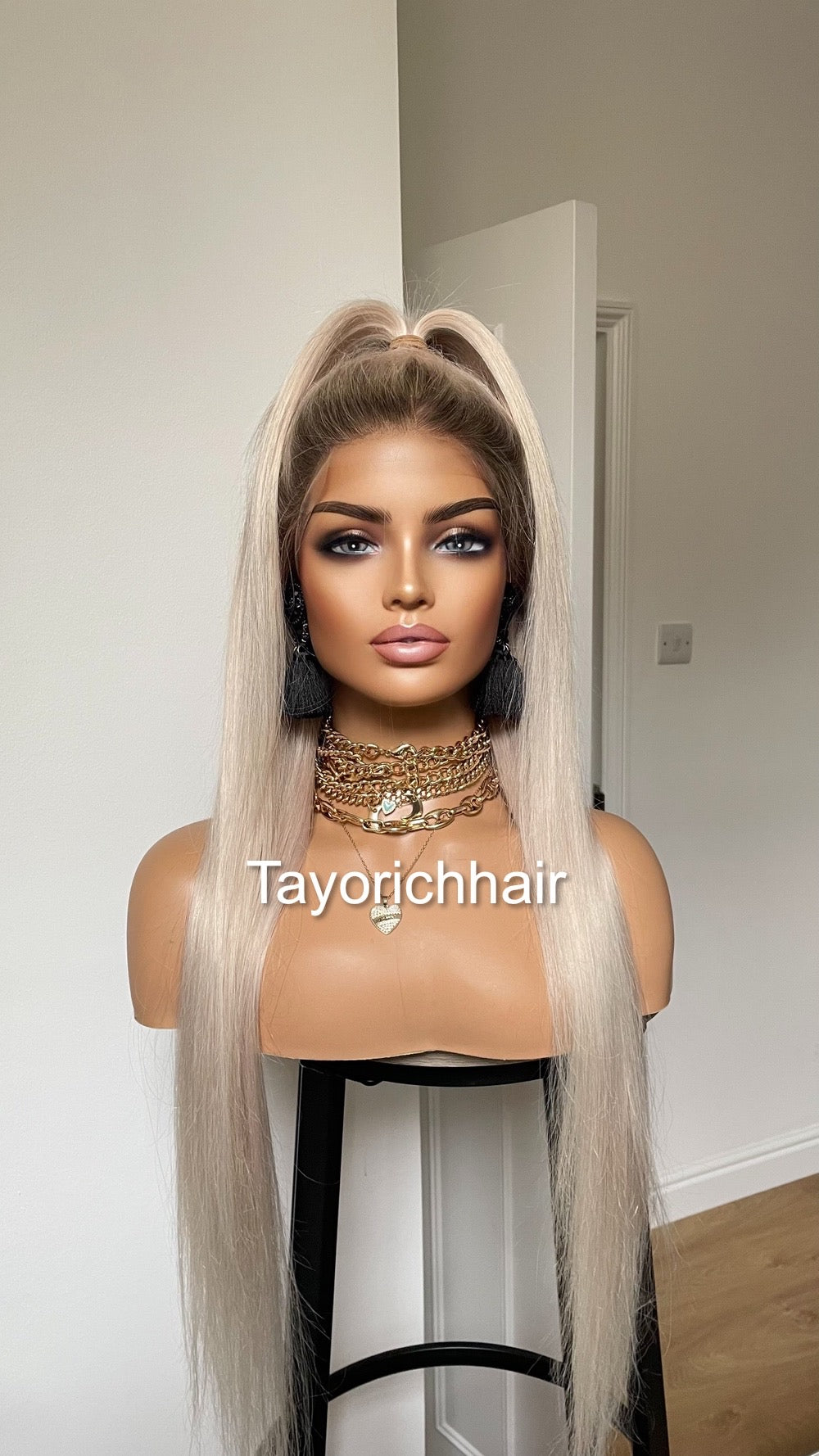 Alexis•Rooted Platinum Blonde Human Hair Wig•24 Inches Straight Hair With Dark Roots•HD Lace•200 Density Human Hair Wig By Tayorichhair