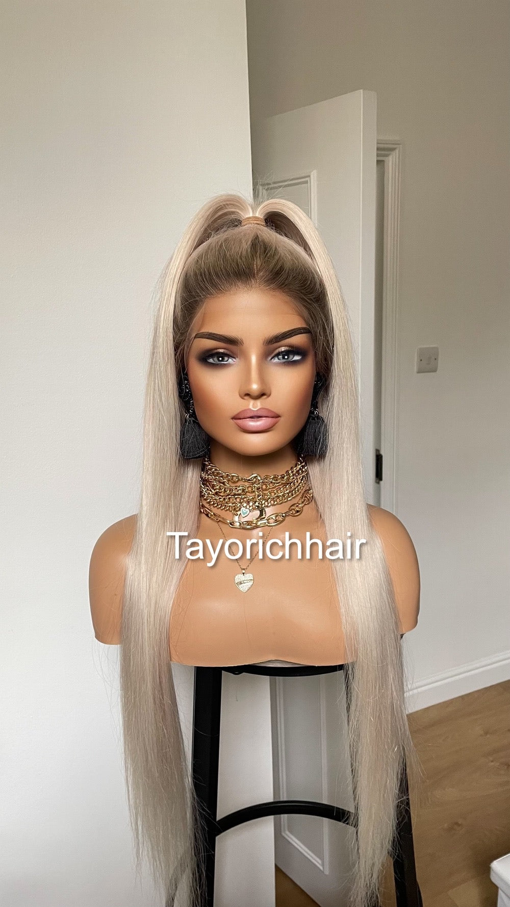 Alexis•Rooted Platinum Blonde Human Hair Wig•24 Inches Straight Hair With Dark Roots•HD Lace•200 Density Human Hair Wig By Tayorichhair