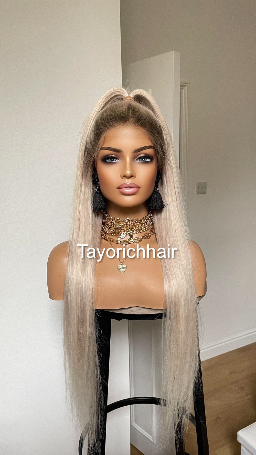 Alexis•Rooted Platinum Blonde Human Hair Wig•24 Inches Straight Hair With Dark Roots•HD Lace•200 Density Human Hair Wig By Tayorichhair