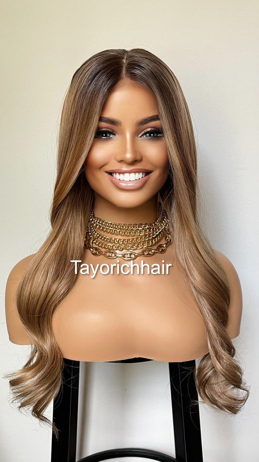 20 Inches Mixed Blonde Lace Front Wig/ Dark Roots /Natural Realistic Soft Synthetic Lace Wigs For Women/Ready To Ship Wigs/ Money Piece Wig