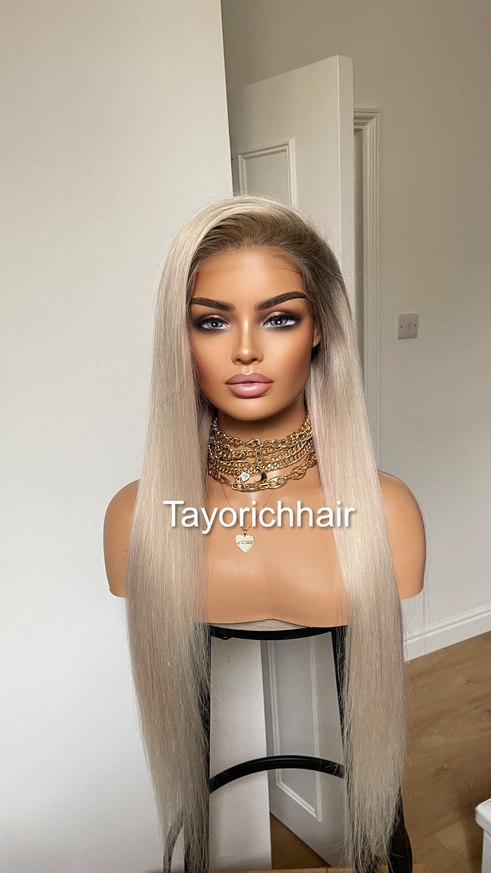 Alexis•Rooted Platinum Blonde Human Hair Wig•24 Inches Straight Hair With Dark Roots•HD Lace•200 Density Human Hair Wig By Tayorichhair