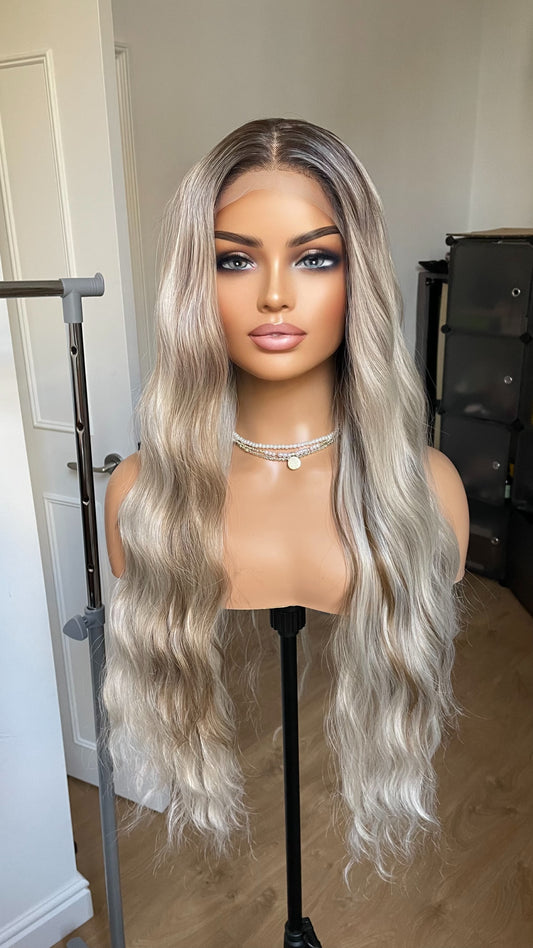 Rooted Platinum Blonde Synthetic Lace Front Wig With Lowlights/ 13x3 Long Wavy Lace Wig For Women/ Synthetic Wigs