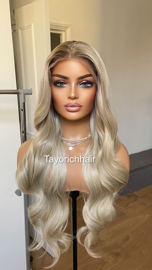 Ash Platinum Blonde Lace Front Wig With Dark Roots/ 13x4 Lace Front/ Heat Safe Sythetic Lush Wavy Lace Wig For Women/ Averrage Medium Cap Size