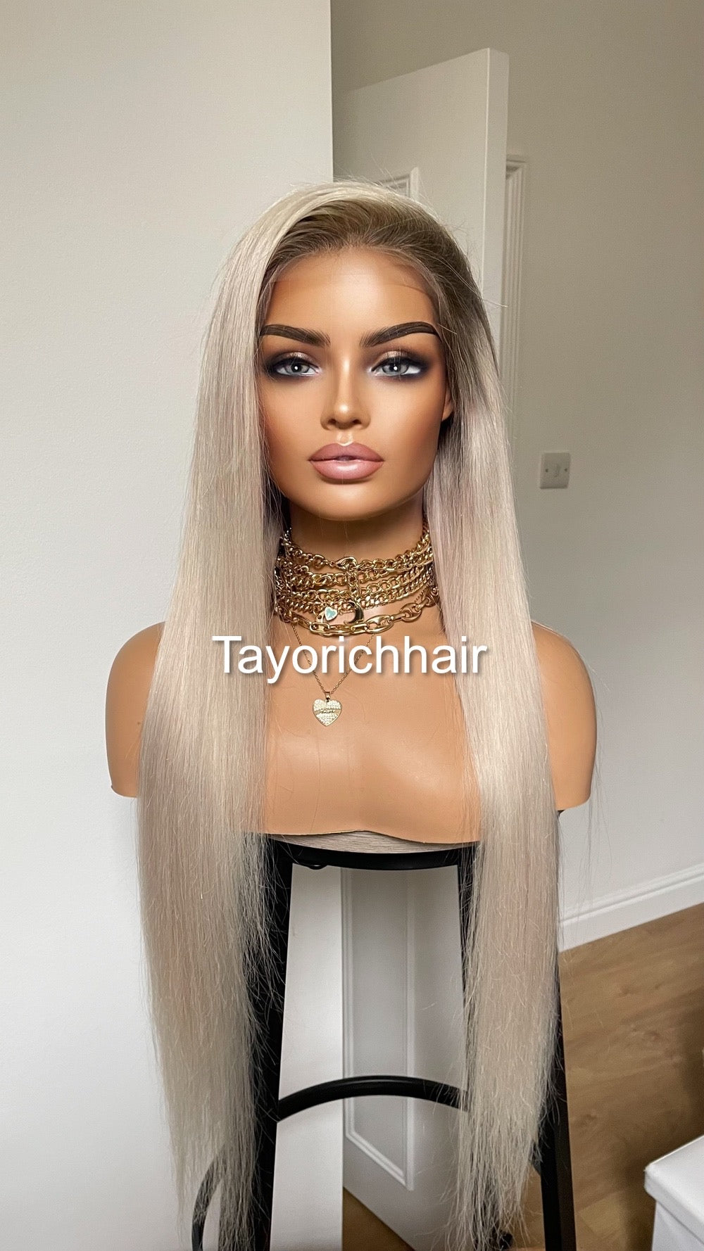 Alexis•Rooted Platinum Blonde Human Hair Wig•24 Inches Straight Hair With Dark Roots•HD Lace•200 Density Human Hair Wig By Tayorichhair