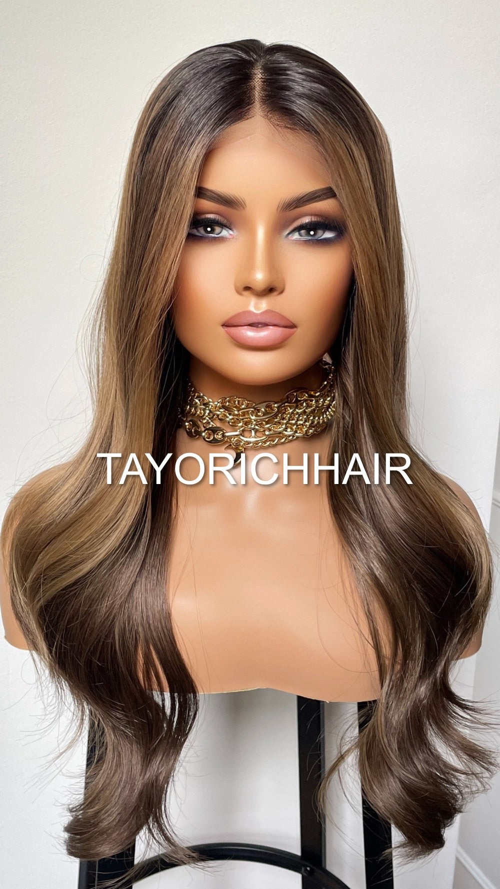 20 Inches Balayage Lace Front Wig/ 13x4 Wide Lace/ Black Roots Brown And Blonde Highlights/ Soft Narural Hair Synthetic Wig For Women