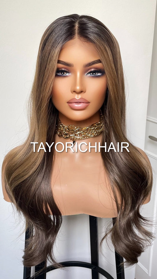 20 Inches Balayage Lace Front Wig/ 13x4 Wide Lace/ Black Roots Brown And Blonde Highlights/ Soft Narural Hair Synthetic Wig For Women