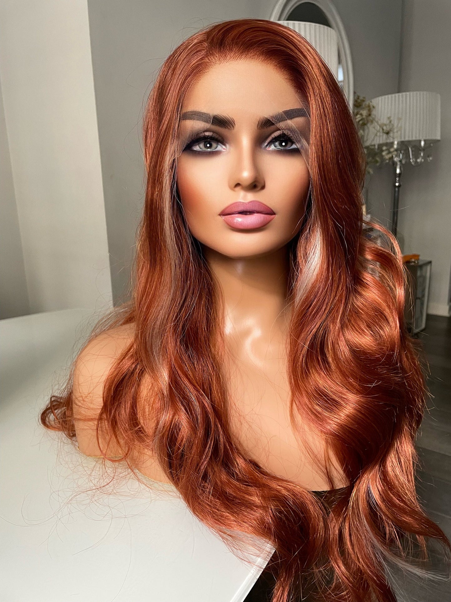 Auburn Ginger Red Lace Front Wig With Blonde Highlights / Heat Resistant Synthetic 13X3 Lace Front Wig Long Wavy Luxury Wigs For Women