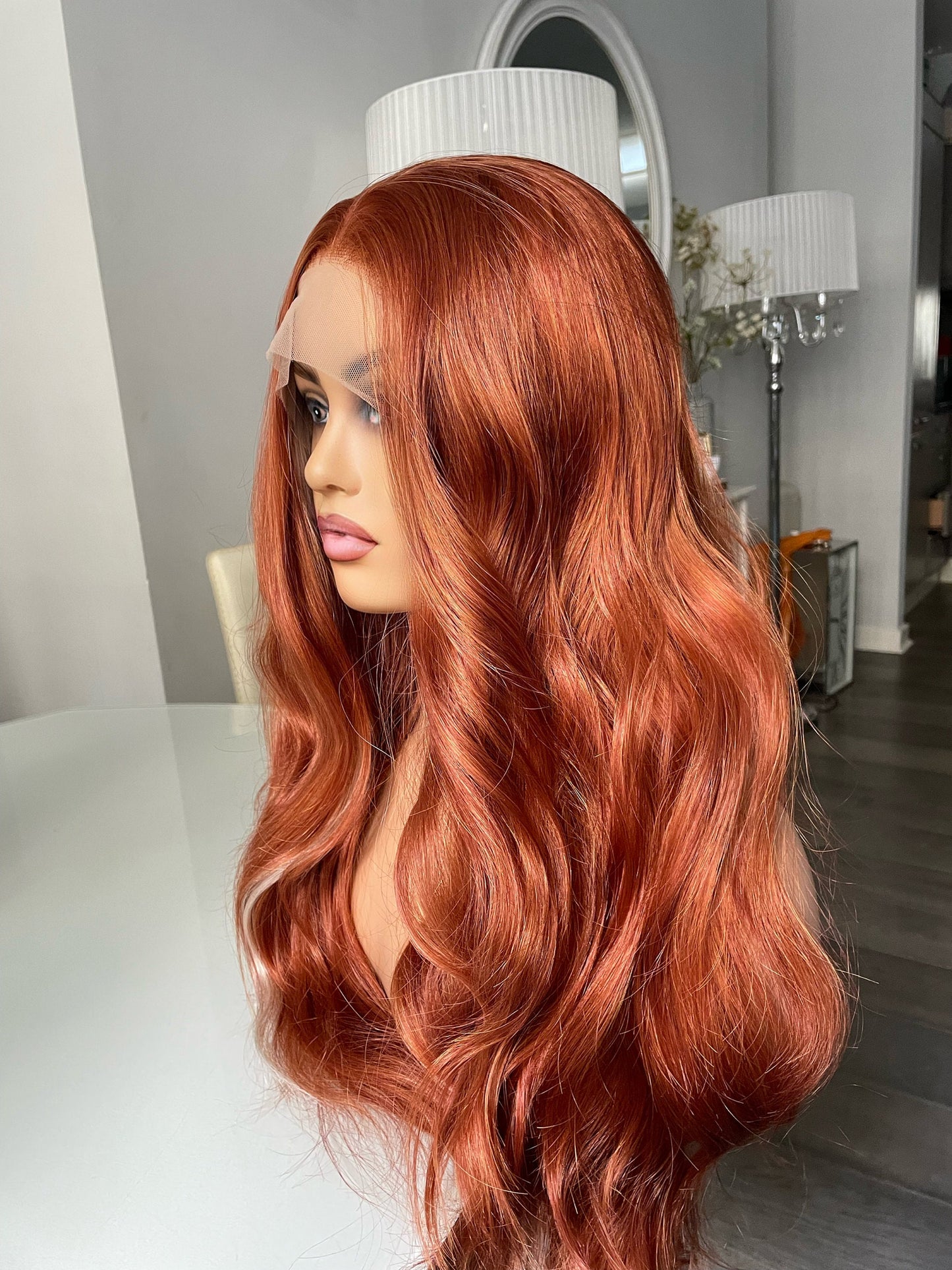 Auburn Ginger Red Lace Front Wig With Blonde Highlights / Heat Resistant Synthetic 13X3 Lace Front Wig Long Wavy Luxury Wigs For Women