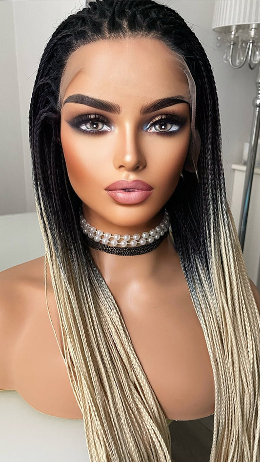 Ombré Braided Lace Wig Blonde And Black Braids/ Extra Long Synthetic Braids 28 Inches/READY FOR SHIPPING