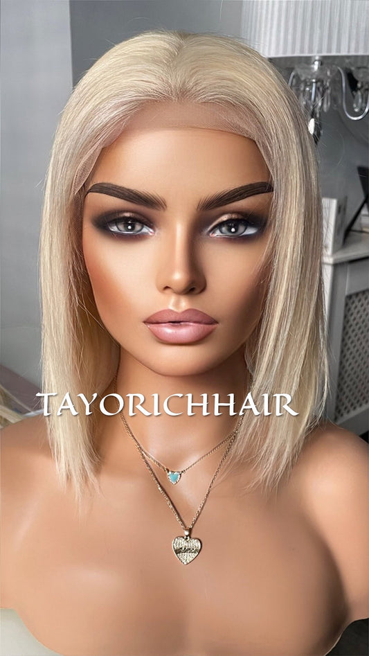 Short Retro Blonde Bob Real Hair Lace Front Wigs/ Summer Wigs For Daily Wear/ 10 inches / Small Cap Low Density Wig For Women