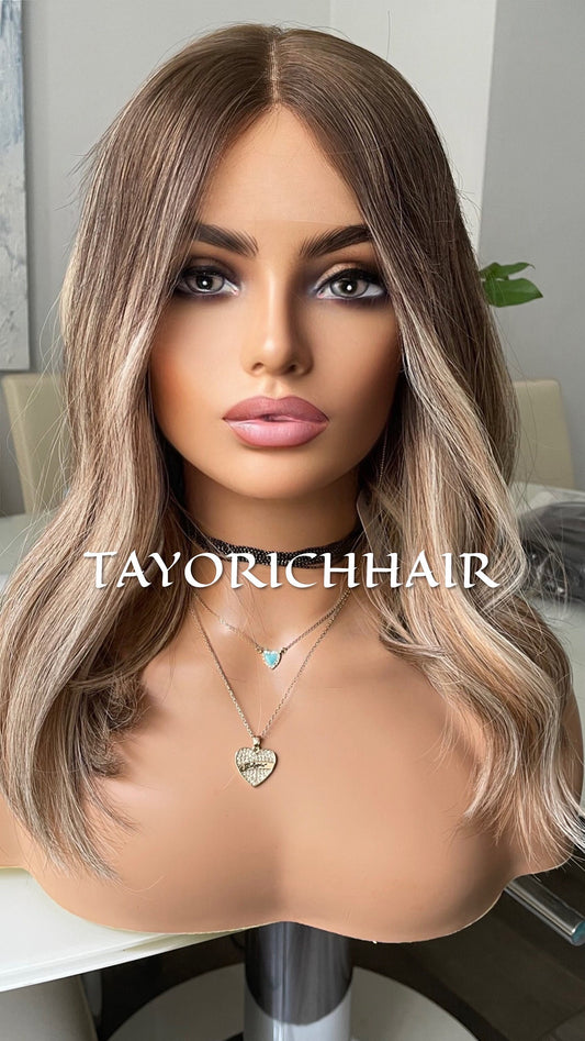 High Quality Balayage Real Hair Lace Front Wig/ Golden Blonde Highlights /Dark Brown Roots/ 100% European Hair Wig For Daily Wear