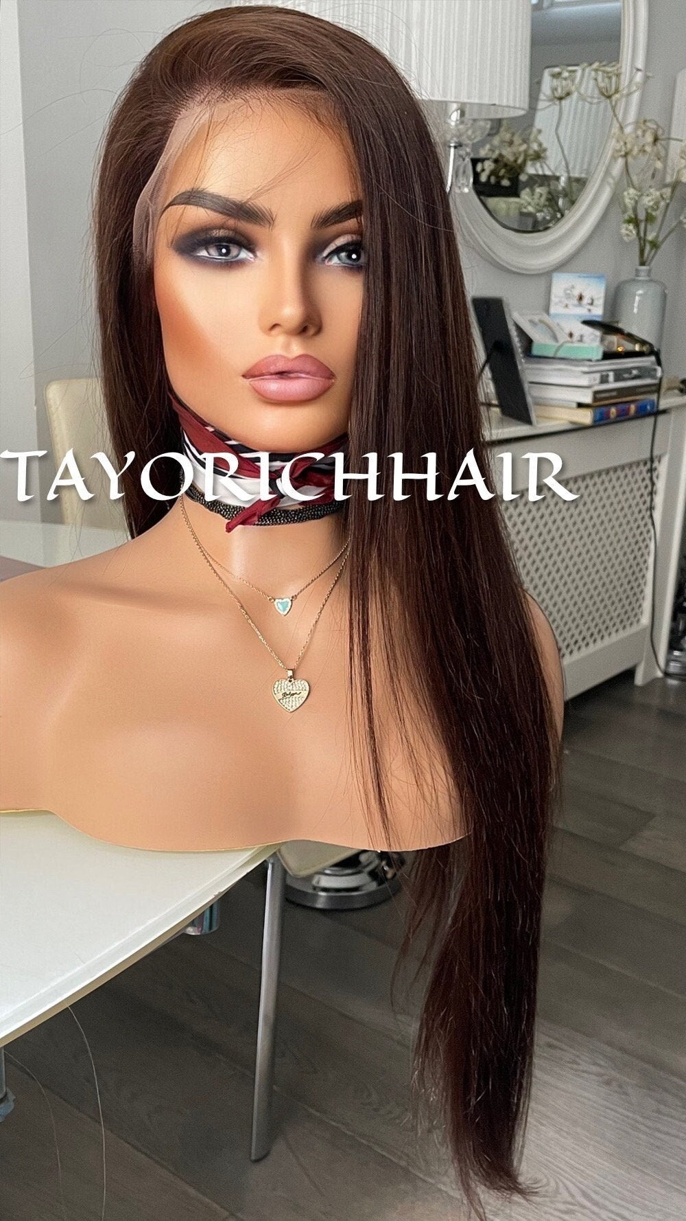 Brunette Brown Long Straight Real Hair 13x4  Lace Front Wig/Natural Straight Texture 24 Inches Small/Medium Cap Dark Brown Hair Lace Wig