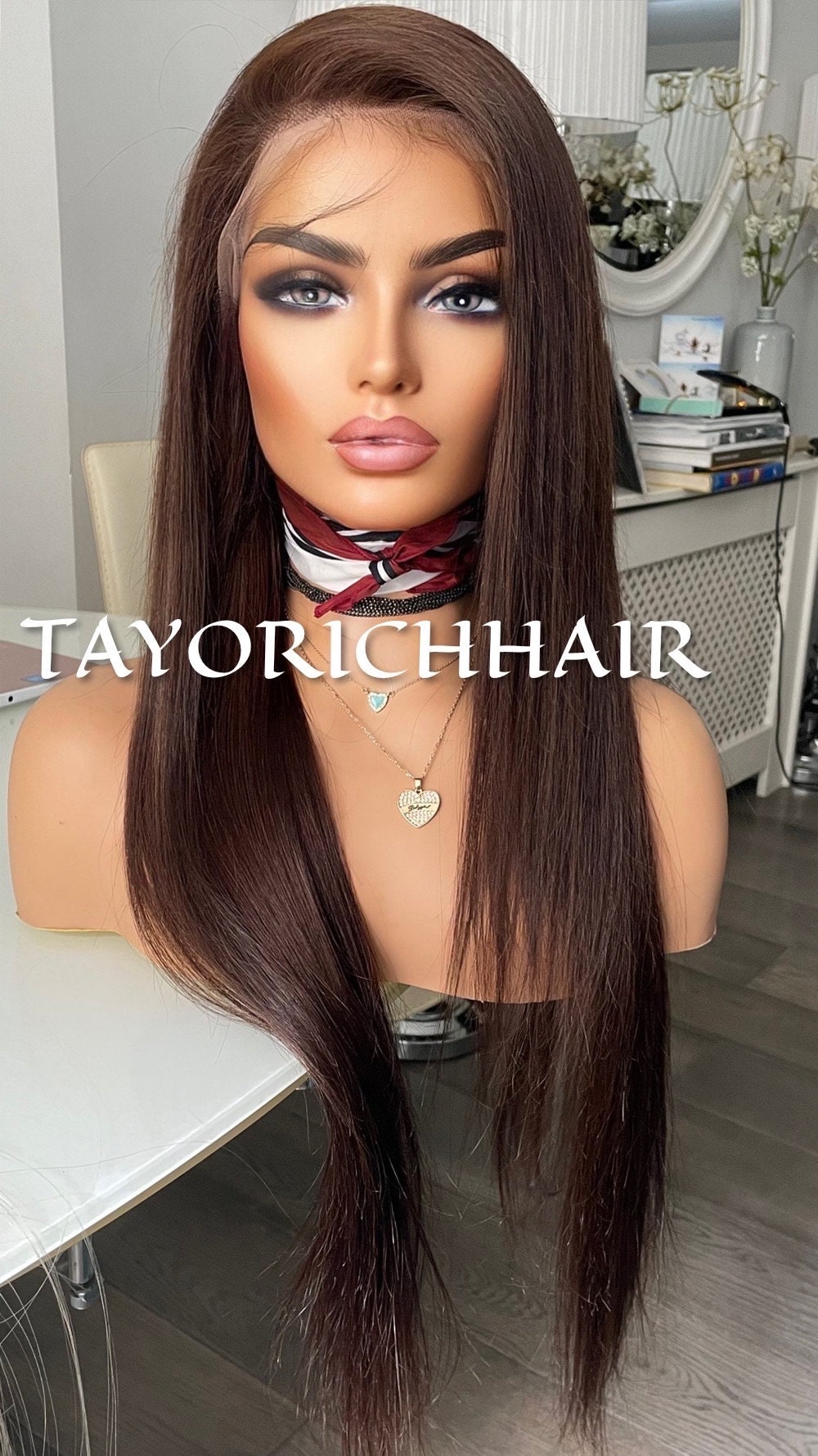 Brunette Brown Long Straight Real Hair 13x4  Lace Front Wig/Natural Straight Texture 24 Inches Small/Medium Cap Dark Brown Hair Lace Wig