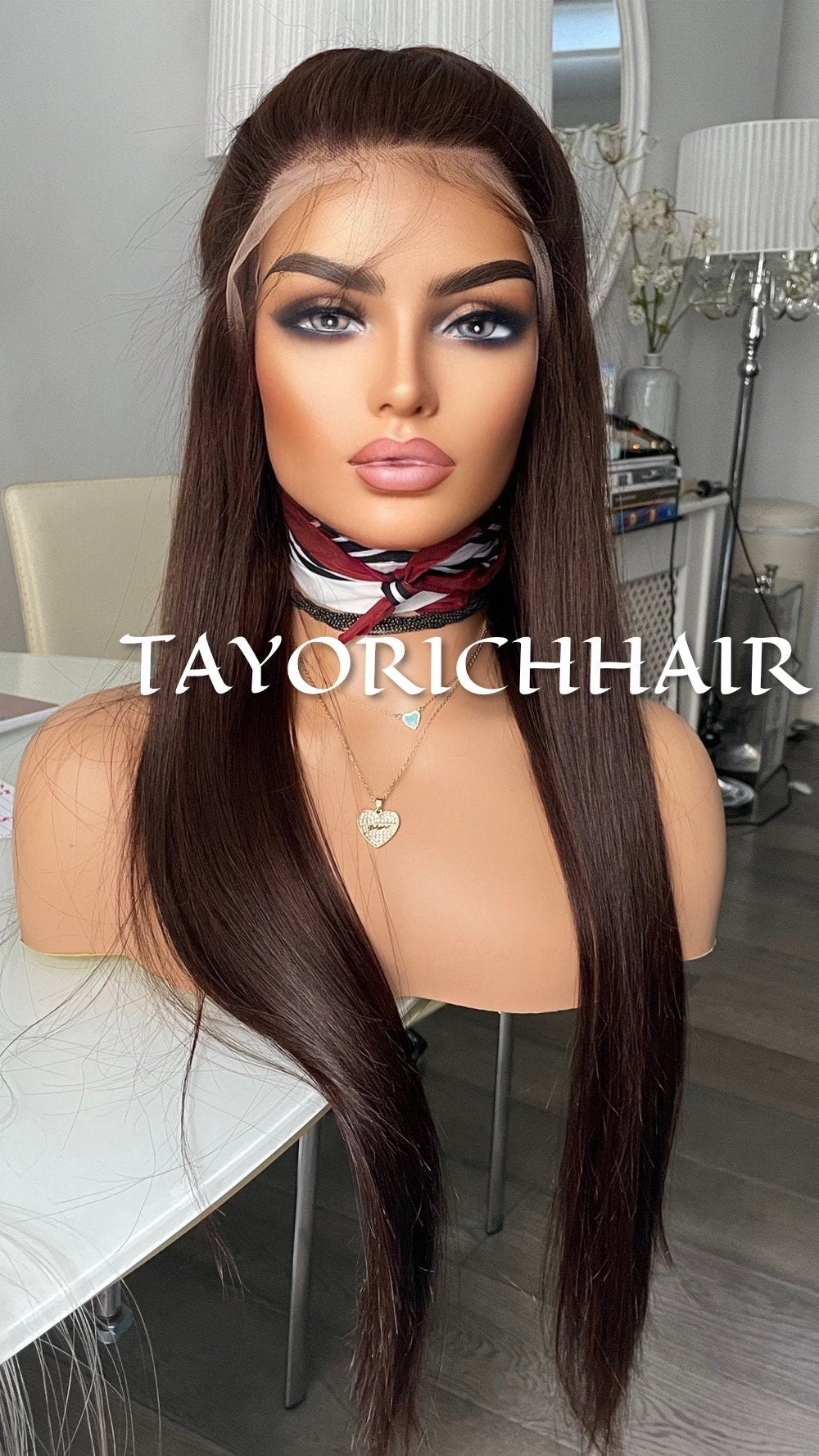 Brunette Brown Long Straight Real Hair 13x4  Lace Front Wig/Natural Straight Texture 24 Inches Small/Medium Cap Dark Brown Hair Lace Wig