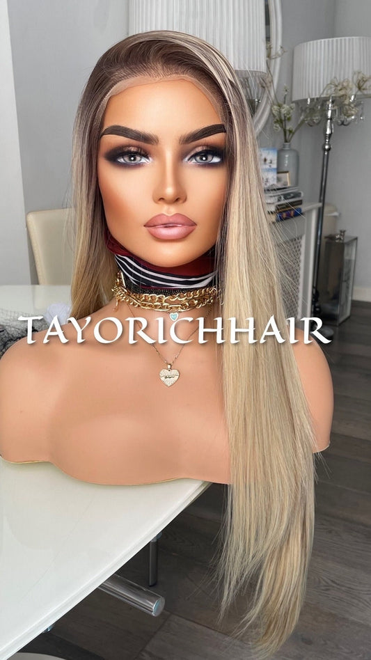 Ombre Blonde Lace Front Wig With Brown Lowlights Highlights/ Straight 13x6 Lace Front/ Realistic Heat Safe Synthetic Wig For Women/Hairstyle