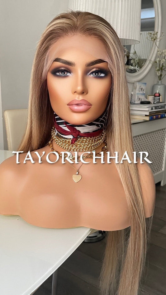 Mixed Blonde Real Hair Wig/ Medium Ash Blonde With Light Blonde Highlights/ Money Piece/ Human Hair Lace Wig 22 Inches