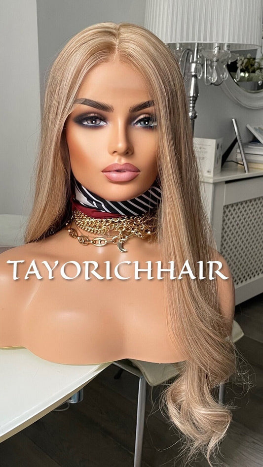 Mixed Blonde Long Real Hair Wig/ Medium Ash Blonde With Light Blonde Streaks/ 13x6 Soft Swiss Lace 24 inches Real Hair Wig