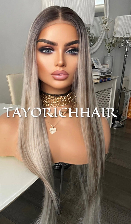 Rooted Platinum Blonde Synthetic Lace Front Wig With Lowlights/ 13x3 Long Straight Lace Wig For Women/Straight Synthetic Wigs