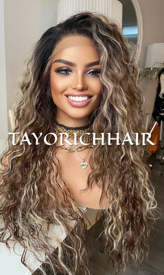 Beautiful Curly Synthetic Wig/ Ombre Black Roots With Brown and Blonde Curly Hair/ 13x3 Swiss Lace Heat Safe Synthetic Small Cap