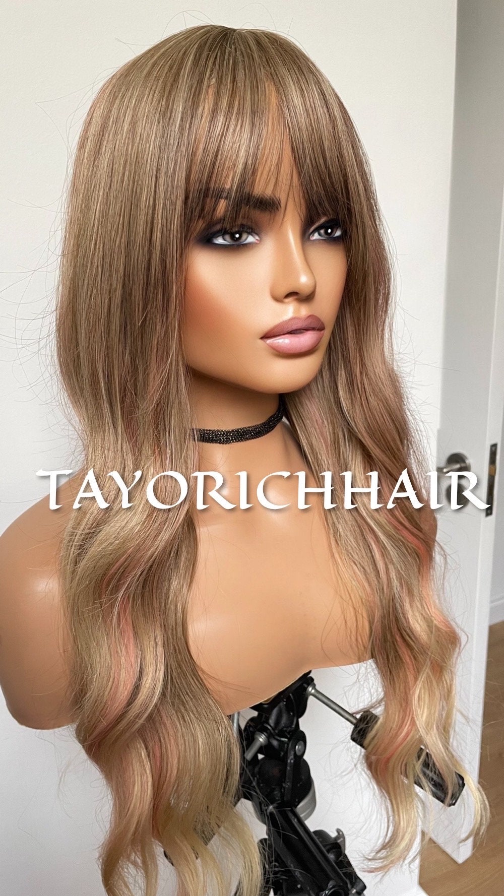 Ash blonde No Lace Wig With Bangs And Pink Streaks