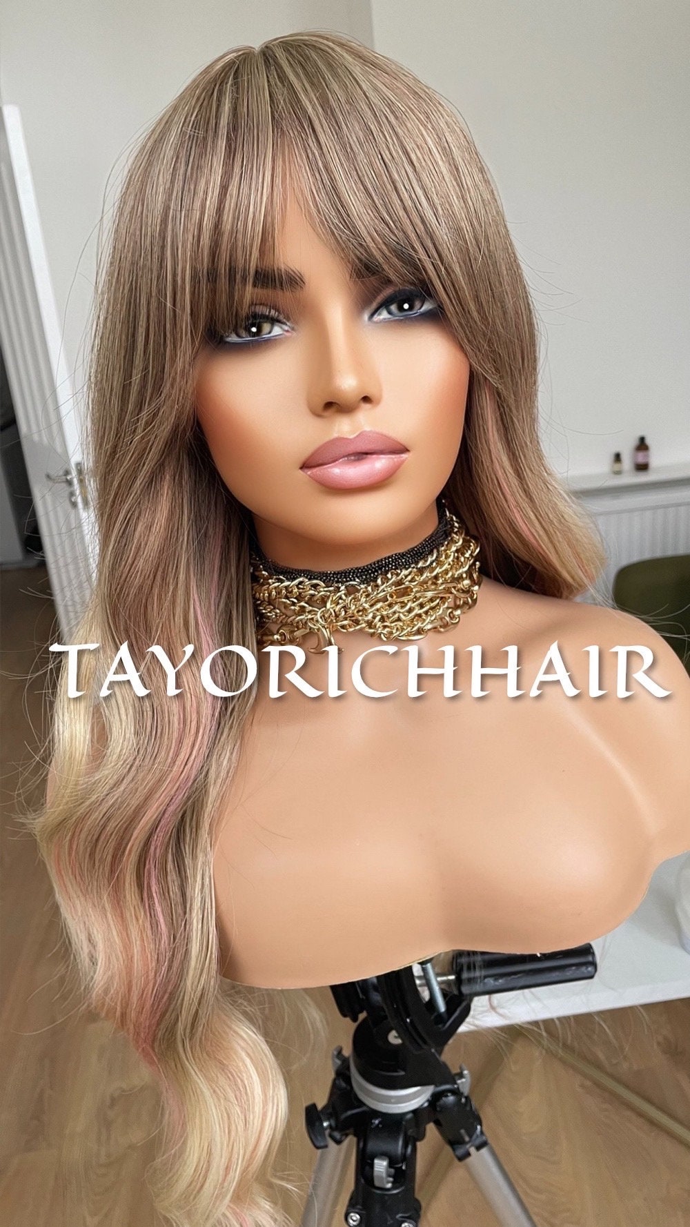 Ash blonde No Lace Wig With Bangs And Pink Streaks