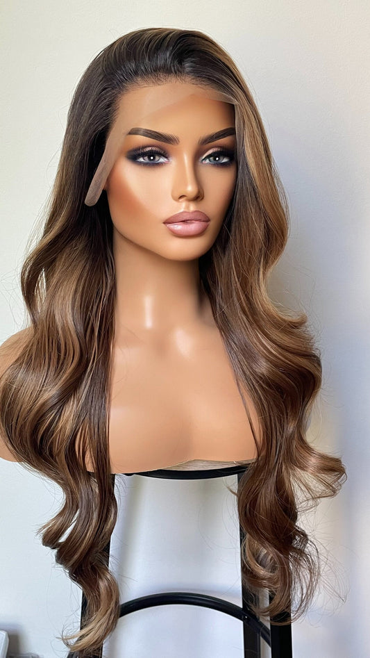 Heat Safe Synthetic Lace Front Wig With Black Roots and Bronzy Blonde Highlights/ 24 Inches Bouncy Wavy Wig For Women/ Realistic Lace Wig