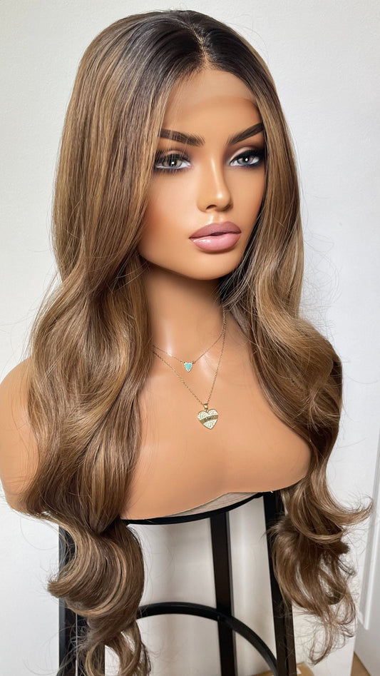 Balayage Mixed Bronzy Blonde Heat Safe Lace Front Synthetic Wig/ Dark Roots/ Long Bouncy Wavy Hair/ Average Cap Size/ Wigs For Women Hair